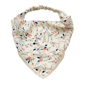 Floral print triangle bandana with cream lace trim and elastic hair strap for women