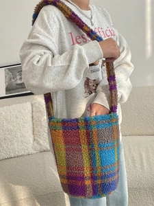 Colorful plaid lamb wool bucket bag with soft teddy fleece texture and large capacity