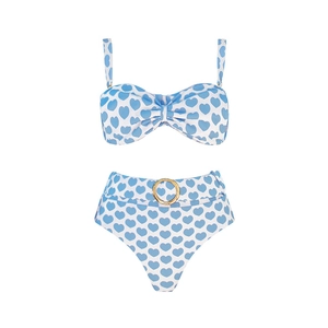 Detail of blue heart print bikini with ruched top and gold ring buckle belt