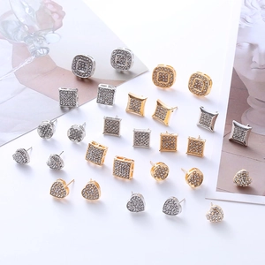Luxe heart and geometric stud earrings with rhinestones in gold and silver finish