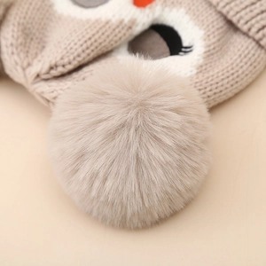 Bonnet tricoté hiver pour enfants avec motif hibou et deux grands pompons doux