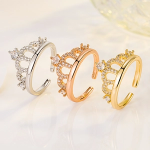 Elegant Crown Ring For Women Made Of Copper With Cubic Zirconia Inlay Shiny Adjustable Open Joint Ring Fashion Jewelry