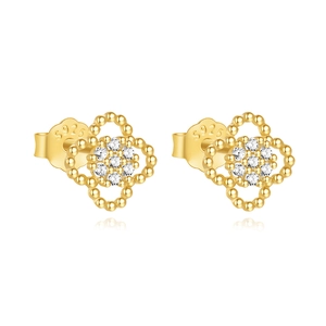 Detailed view of S925 sterling silver clover stud earrings with sparkling cubic zirconia