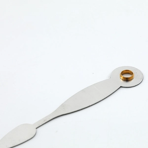 Silver metal quartz clock hands with gold sleeve design on a clean white background