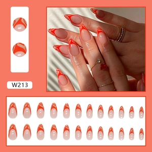 Vibrant orange almond press-on nails with flame pattern and french tip design 24pcs set