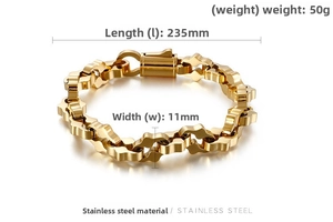 Détail macro du bracelet gourmette en acier inoxydable plaqué or 18K avec dimensions