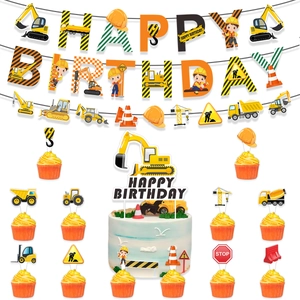 Construction theme birthday party set with banners, excavator cake toppers and decorations