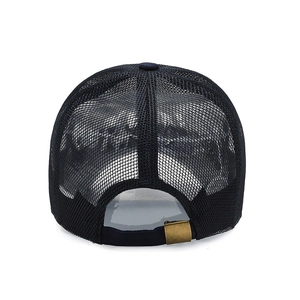 Adjustable navy mesh trucker hat for men and women featuring breathable summer fabric