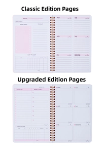 Detail view of weekly planner layouts with goal tracking and habit tracker sections