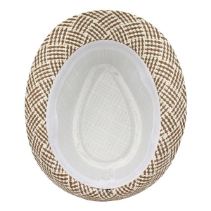 Vista dettagliata del cappello fedora vintage a quadri con fascia e fodera bianca