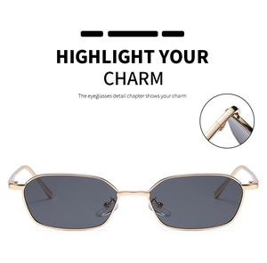 Detail of gold metal hinge on small polygonal sunglasses with grey lenses
