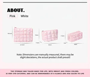 Size guide for iridescent quilted puffer makeup bags showing large, medium and small dimensions