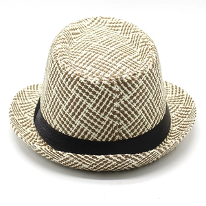 Classic straw fedora hat with plaid knit texture and black ribbon for summer style