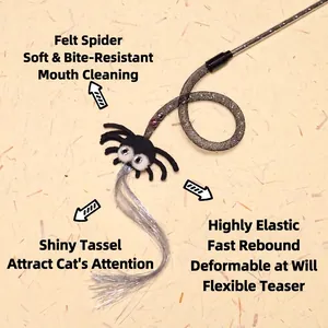 Elastic spider cat teaser wand with felt spider body, mesh tube and shiny silver tassels