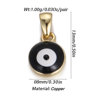 Detail view of gold-plated evil eye charms with dimensions and weight specifications