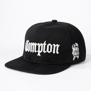 Black Compton flat brim hip hop cap with Money Gang side embroidery and adjustable strap