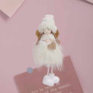 Cute plush angel girl Christmas ornament with white fur dress and gold sequin wings