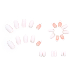 Pink and white gradient press-on nails with glitter accents and French tip design
