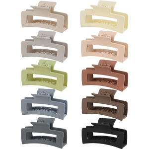 Top view of ten matte rectangular claw clips in various colors arranged in a neat grid