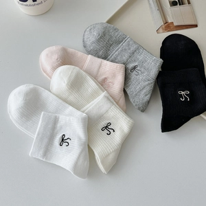 Women Cotton Crew Socks Ribbed Knit Bow Embroidery Breathable Sweet Japanese Style Soft Casual Hosiery