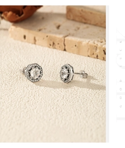 Close-up of S925 sterling silver octagonal stud earrings with sparkling cubic zirconia