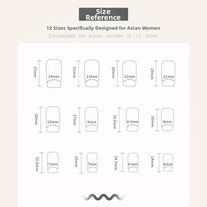 Size guide for purple square press-on nails featuring twelve unique fitting dimensions