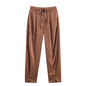 Women's burgundy paisley print trousers with elastic drawstring waist and straight leg fit