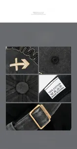 Detailed views of 100% cotton baseball cap showing gold embroidery and metal buckle