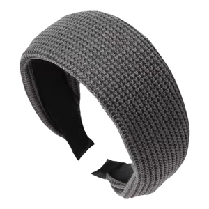 Deep grey wide knitted headband for women with premium textured woven fabric pattern
