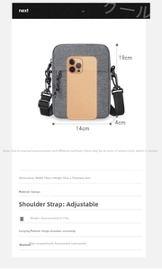 Size comparison of gray canvas crossbody bag with an iPhone showing dimensions and layout