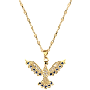 Luxurious gold titanium necklace with a blue crystal-encrusted phoenix bird pendant