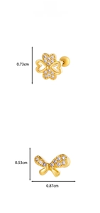 Detail showing dimensions of gold butterfly and clover earrings with cubic zirconia