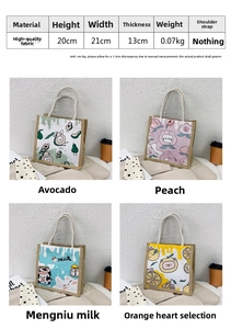 Detailed view of canvas lunch bags with cute fruit prints and specific 21x20x13cm dimensions