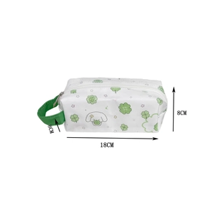 Detail of waterproof PVC pencil case with puppy print and green handle, 18x8x8cm size