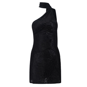 Detail of black snake pattern jacquard fabric on a halter neck mini dress