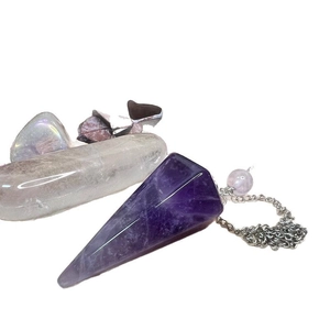Amethyst crystal pendulum pendant with hexagonal cut stone and silver metal chain