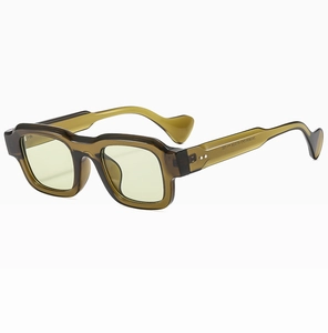 Detail view of vintage olive green square frame sunglasses with silver rivet accents