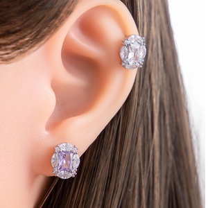 Titanium steel screw back earrings with purple and clear zircon stones on female ear
