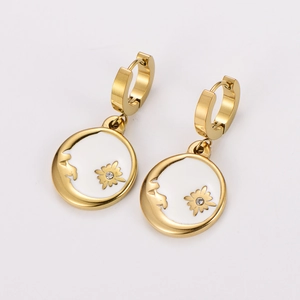 French style gold moon and star hoop earrings with white enamel and sparkling crystal inlay