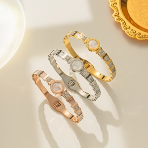 Roman Numeral Bangle Bracelet Stainless Steel With Mother Of Artificial Pearl Inlay And Zircon Simple Korean Style For Women