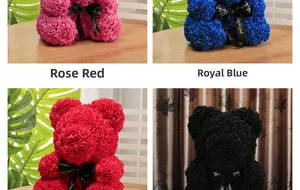 Handmade PE foam rose bears in red, blue, and black with 'Just for you' silk ribbons