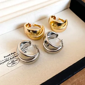 Double Layer C Shaped Hoop Earrings Polished Metal Geometric Minimalist Elegant Trendy Fashion Jewelry With Earring Post