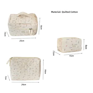 Three-piece quilted cotton bear print cosmetic bag set with detailed size measurements