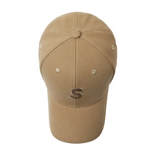 Khaki cotton baseball cap with embroidered brown S letter and curved brim for casual wear