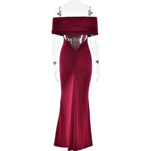 Detail view of wine red strapless maxi dress with ruched waist and back cutout