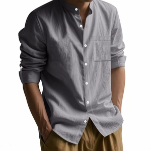 Detail of grey linen shirt for men featuring a stand collar and front pocket design