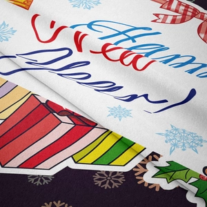 Close-up of soft flannel Christmas tapestry showing Merry Christmas print and snowy details