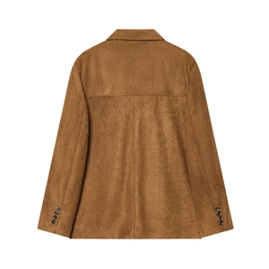 Back view of a caramel brown suede blazer with decorative cuff buttons and clean stitching