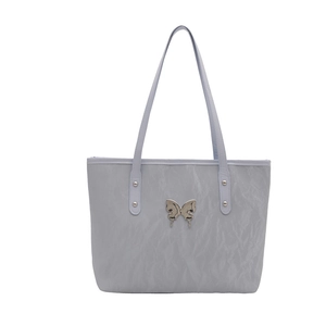 Minimalist light grey tote bag with butterfly ornament and crinkle texture for women