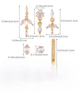 Detailed size specifications for brass ear piercing set with measurements in cm and inches